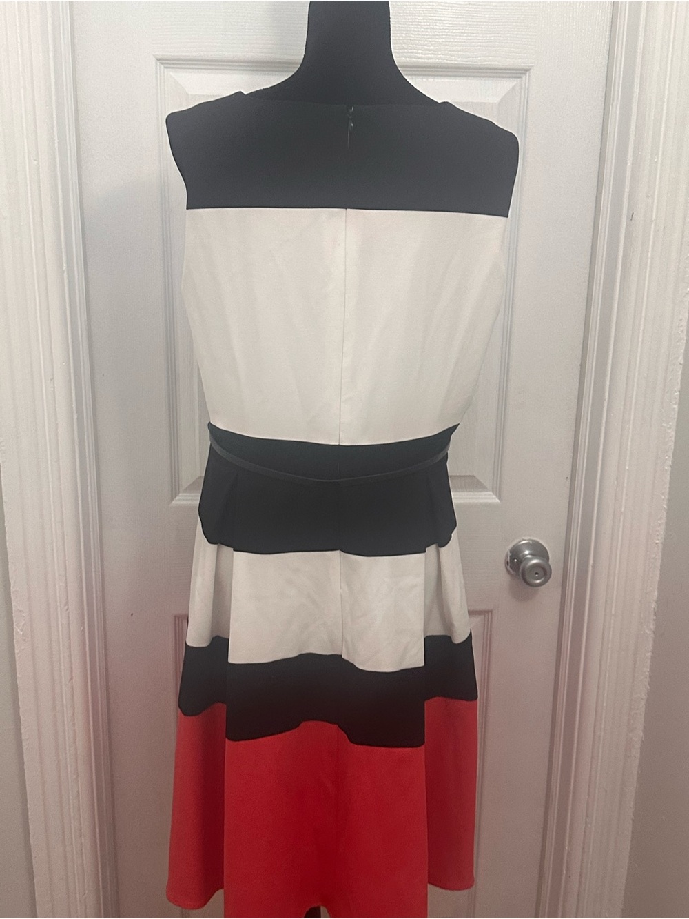 Colorblock, Fully Lined Midi Dress in Black, White & Coral